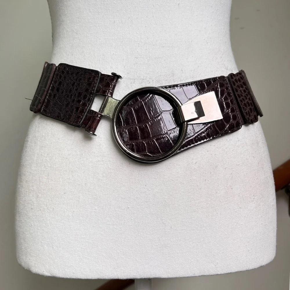 Y2K Wide Elastic Belt Large Brown Faux Croc Silver O-Ring Buckle Chunky Wide Big